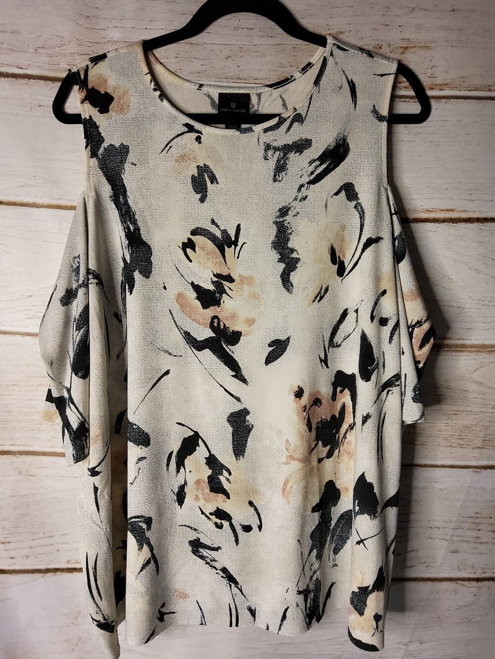 Worthington Cream Floral Cold-Shoulder Tunic with Black and Blush Accents